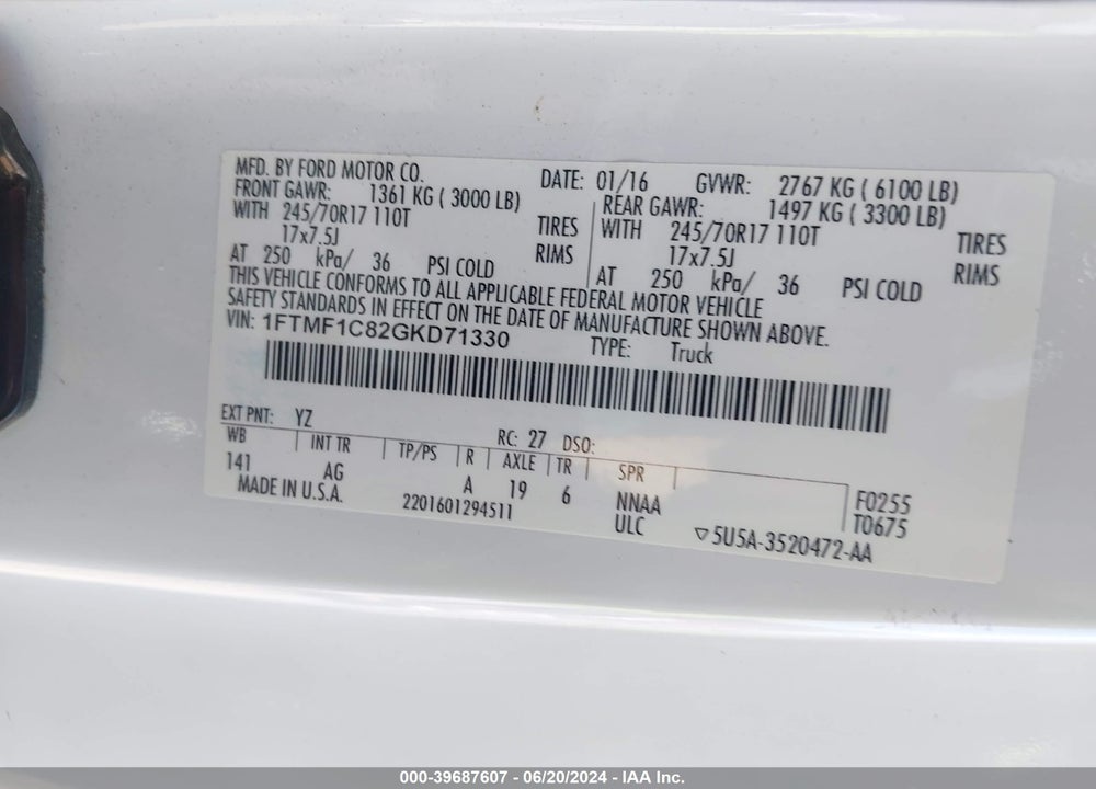 2016 FORD F-150 XL VIN: 1FTMF1C82GKD71330