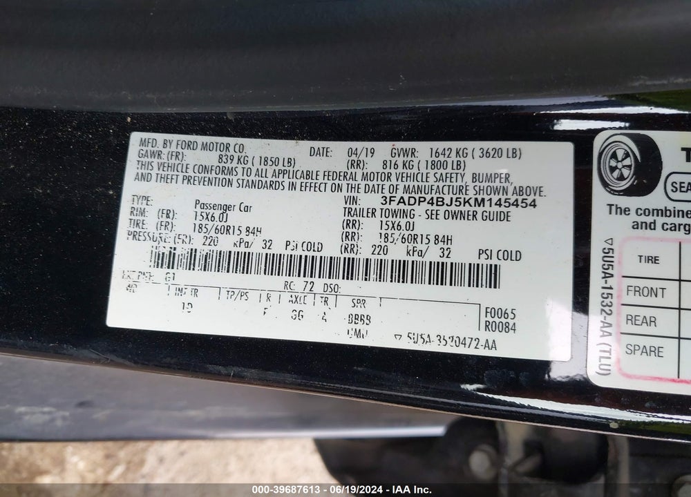 2019 FORD FIESTA SE VIN: 3FADP4BJ5KM145454