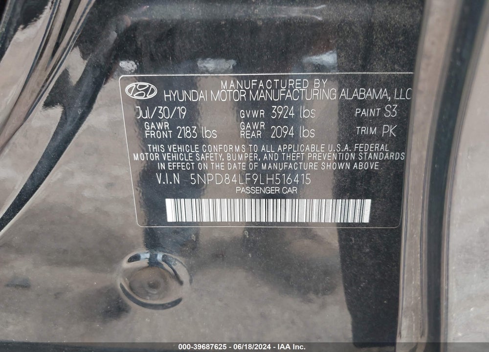 2020 HYUNDAI ELANTRA SEL VIN: 5NPD84LF9LH516415