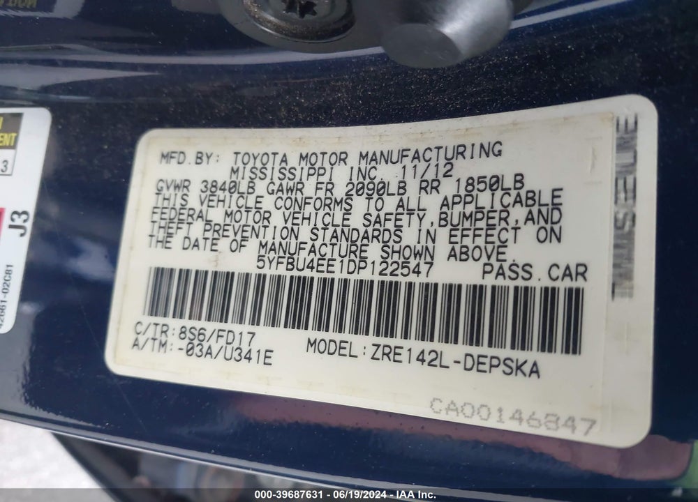 2013 TOYOTA COROLLA S VIN: 5YFBU4EE1DP122547