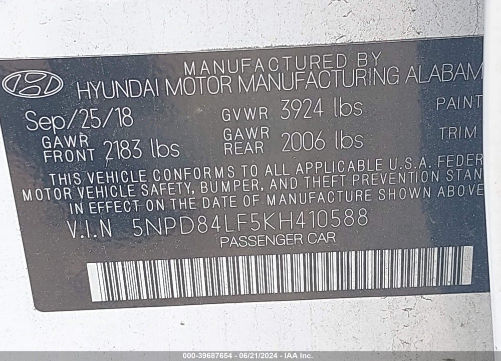 2019 HYUNDAI ELANTRA SEL VIN: 5NPD84LF5KH410588