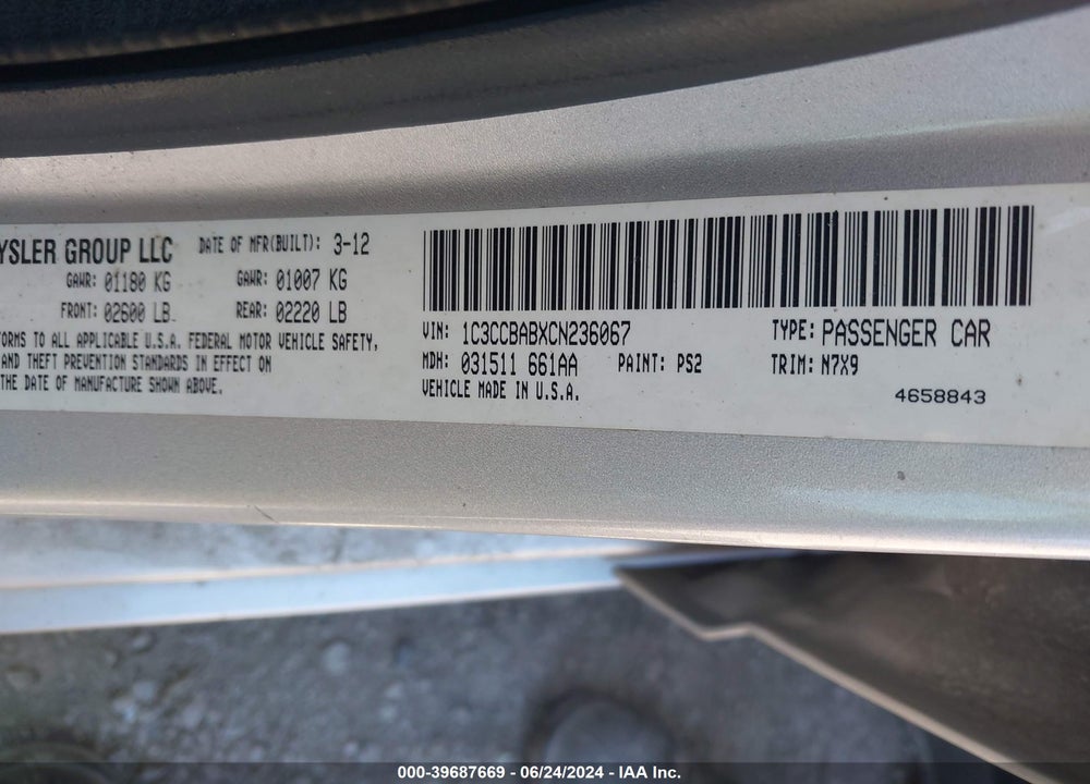 2012 CHRYSLER 200 LX VIN: 1C3CCBABXCN236067