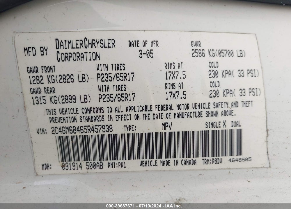 2005 CHRYSLER PACIFICA TOURING VIN: 2C4GM68465R457938