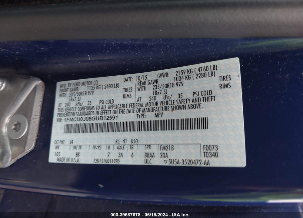2016 FORD ESCAPE TITANIUM VIN: 1FMCU0J98GUB12591