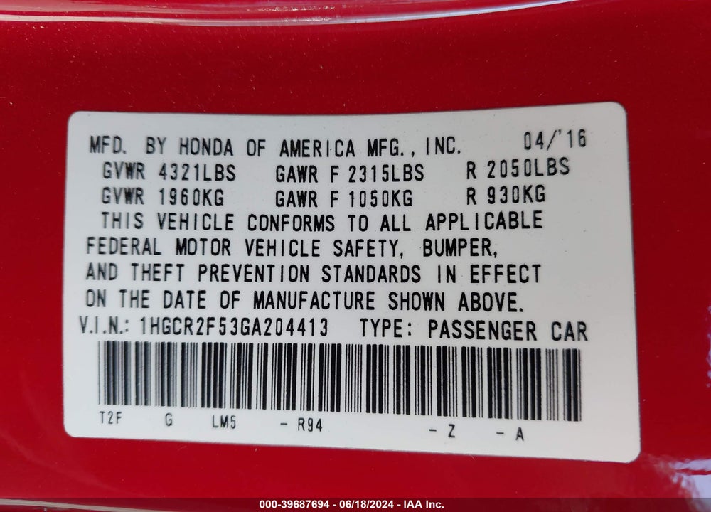 2016 HONDA ACCORD SPORT VIN: 1HGCR2F53GA204413