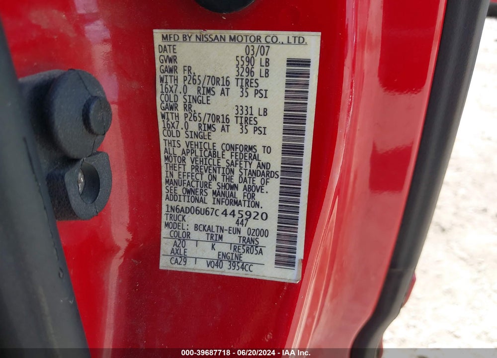2007 NISSAN FRONTIER SE VIN: 1N6AD06U67C445920
