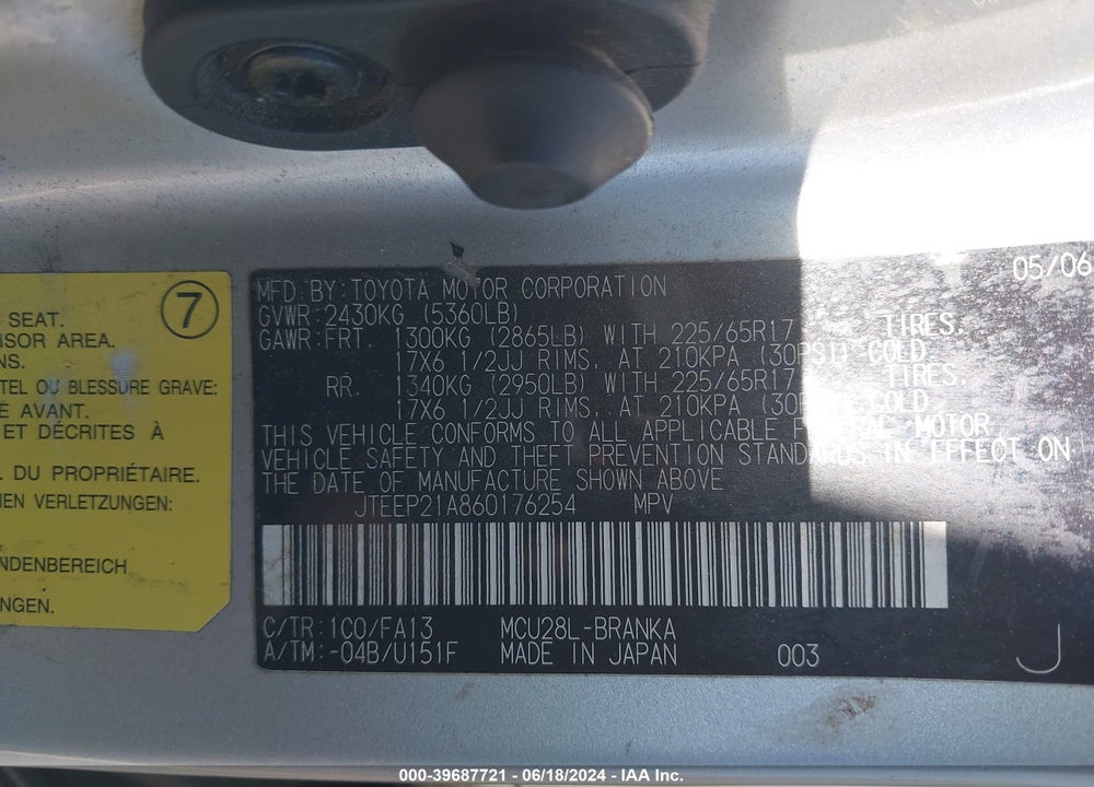 2006 TOYOTA HIGHLANDER SPORT V6 VIN: JTEEP21A860176254
