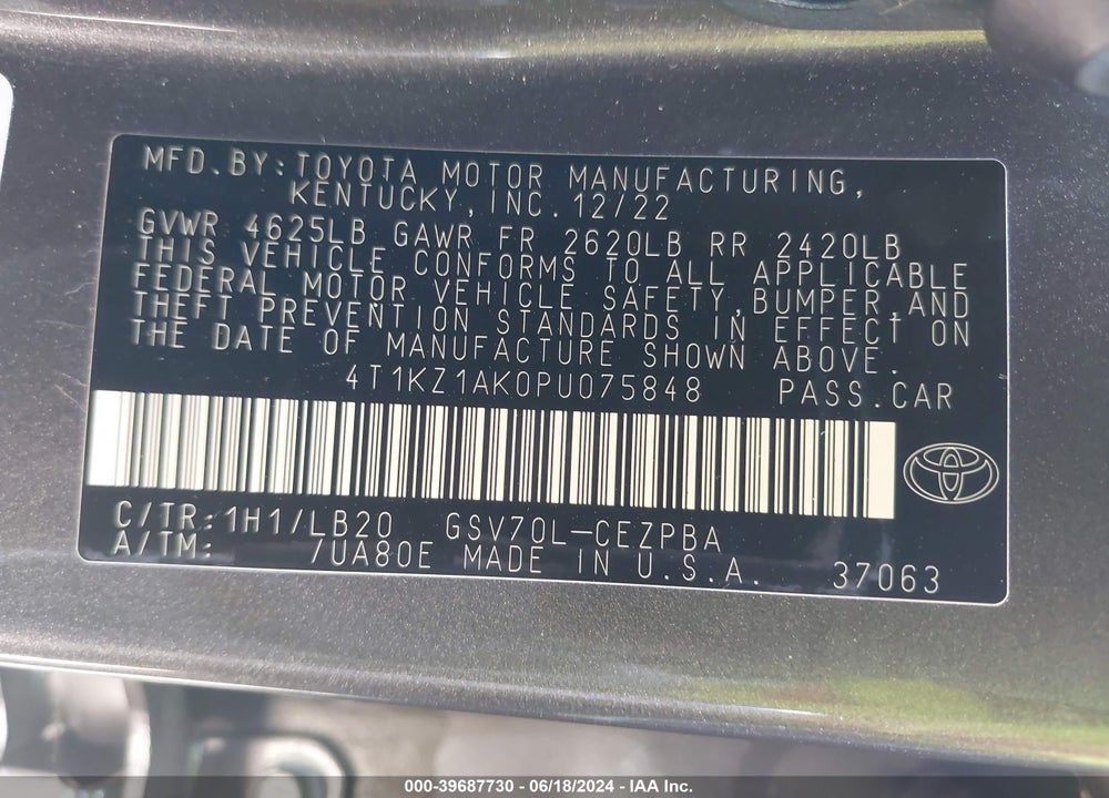 2023 TOYOTA CAMRY XSE V6 VIN: 4T1KZ1AK0PU075848