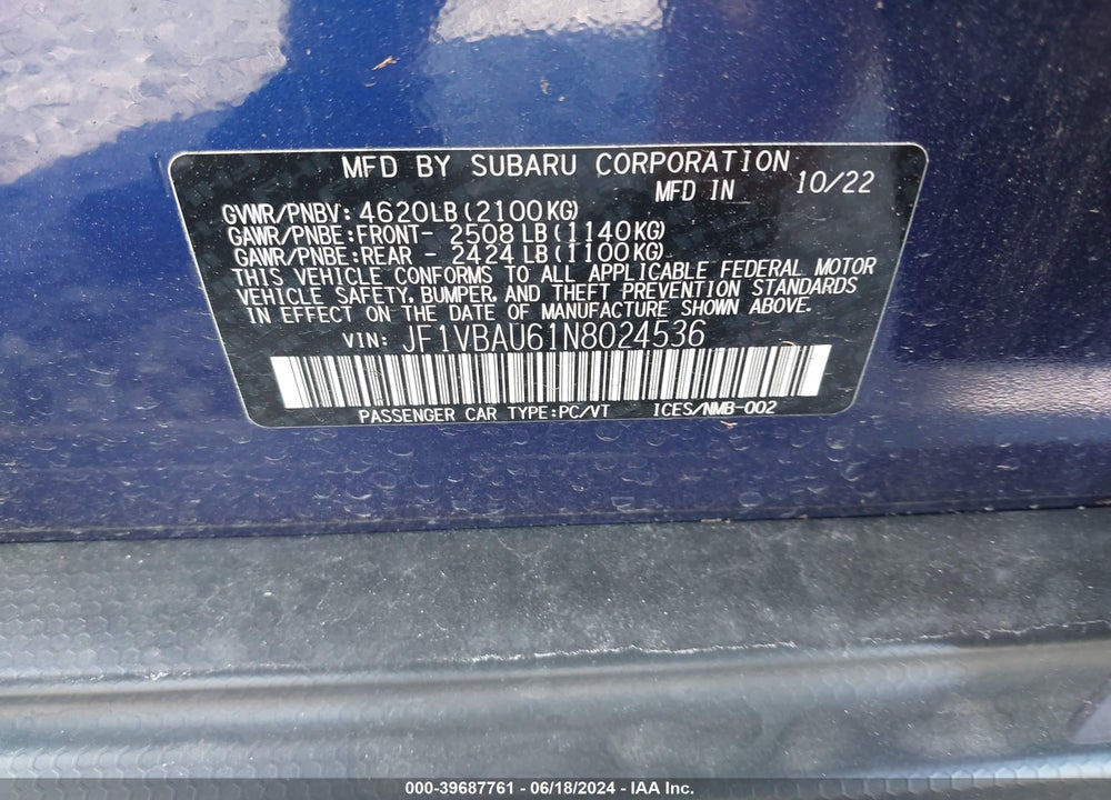 2022 SUBARU WRX GT VIN: JF1VBAU61N8024536