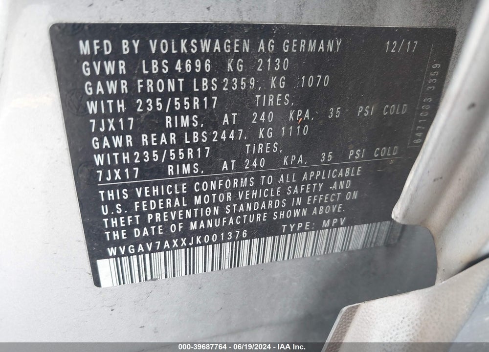 2018 VOLKSWAGEN TIGUAN LIMITED 2.0T VIN: WVGAV7AXXJK001376