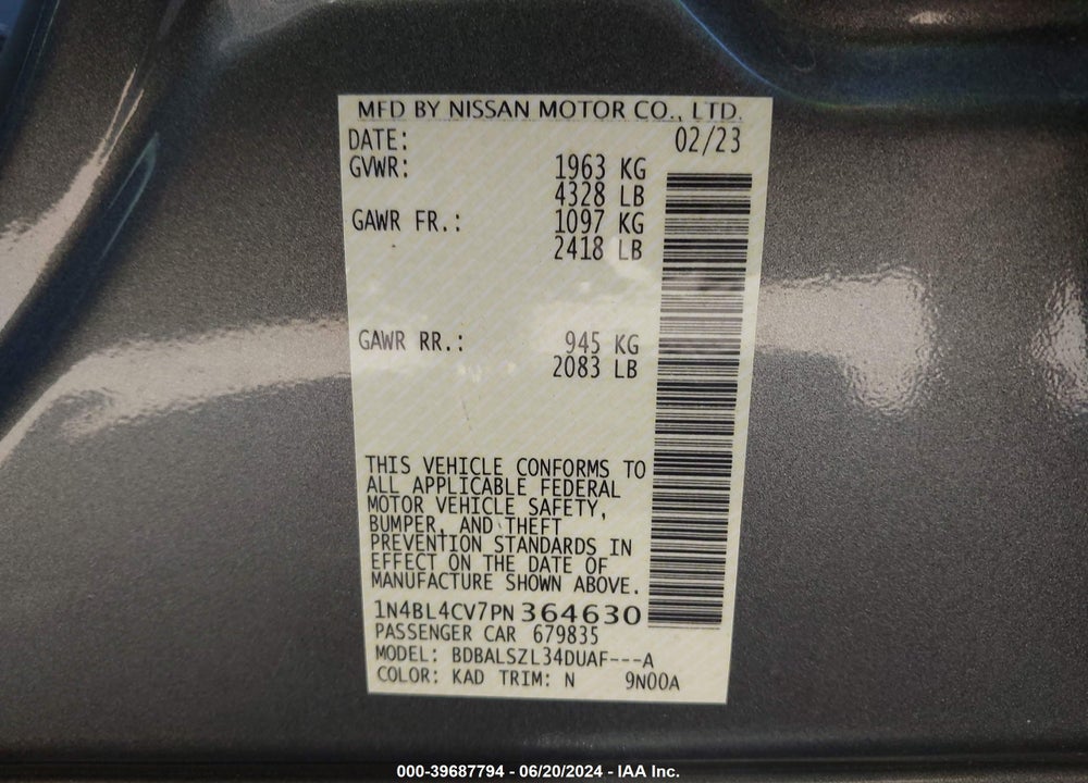 2023 NISSAN ALTIMA SR FWD VIN: 1N4BL4CV7PN364630