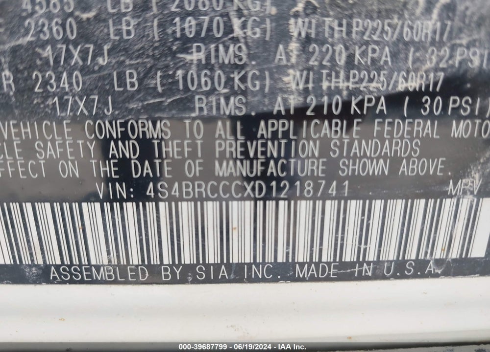 2013 SUBARU OUTBACK 2.5I PREMIUM VIN: 4S4BRCCCXD1218741