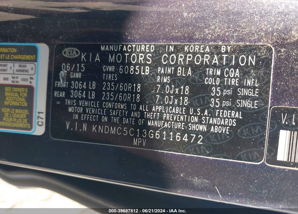 2016 KIA SEDONA SX VIN: KNDMC5C13G6116472