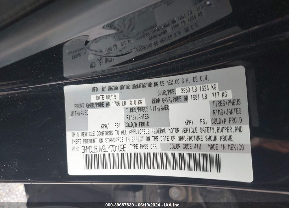 2020 TOYOTA YARIS LE VIN: 3MYDLBJV9LY701095