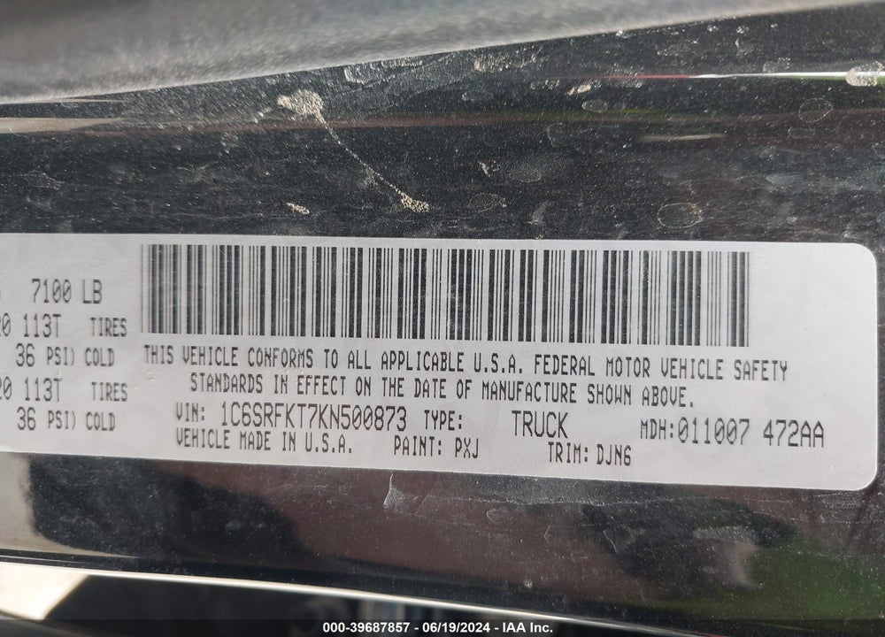 2019 RAM 1500 VIN: 1C6SRFKT7KN500873
