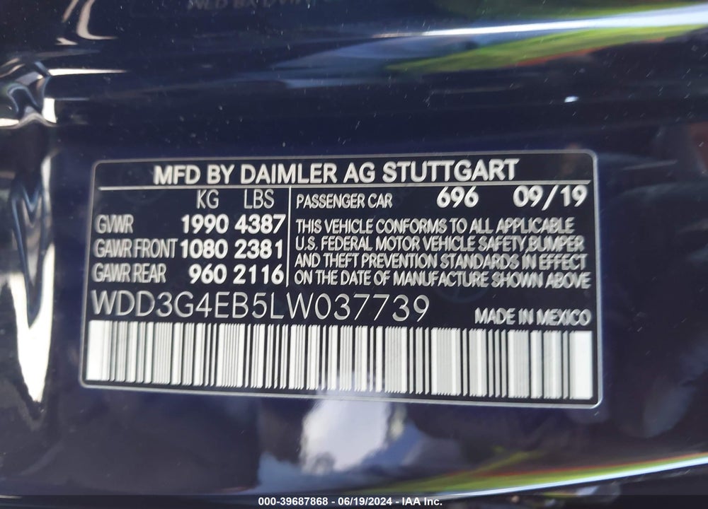 2020 MERCEDES-BENZ A 220 VIN: WDD3G4EB5LW037739