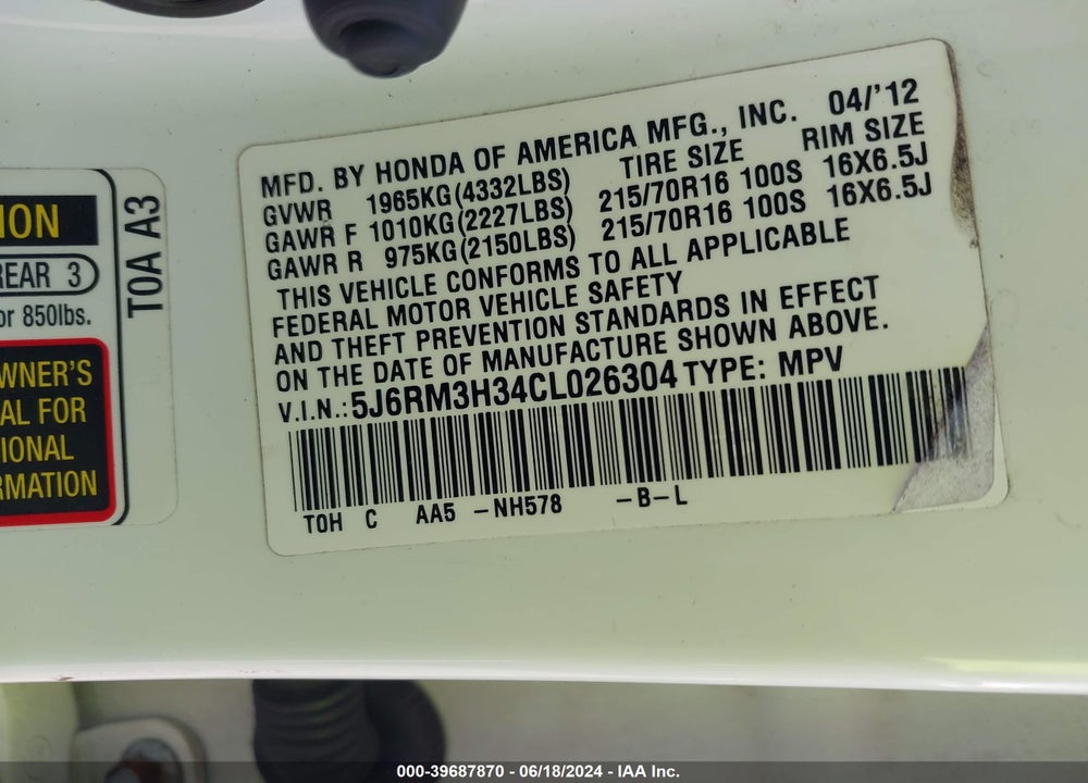 2012 HONDA CR-V LX VIN: 5J6RM3H34CL026304