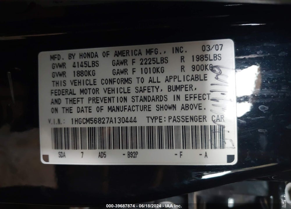 2007 HONDA ACCORD 2.4 EX VIN: 1HGCM56827A130444