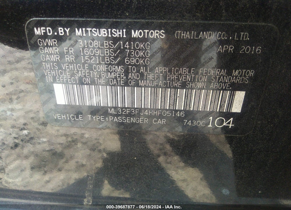 2017 MITSUBISHI MIRAGE G4 ES VIN: ML32F3FJ4HHF05146