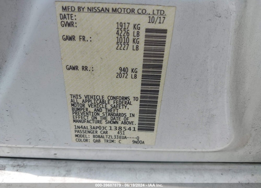 2018 NISSAN ALTIMA 2.5 SL VIN: 1N4AL3AP0JC138541