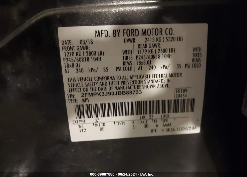 2018 FORD EDGE SEL VIN: 2FMPK3J90JBB88733