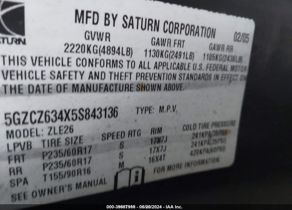 2005 SATURN VUE V6 VIN: 5GZCZ634X5S843136