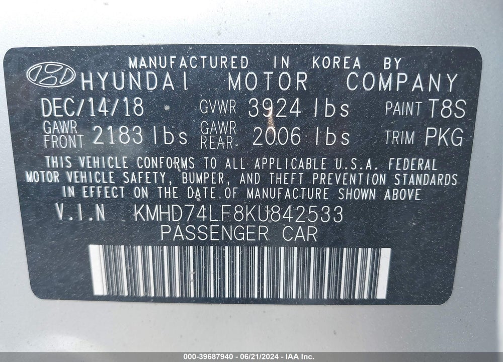 2019 HYUNDAI ELANTRA SE VIN: KMHD74LF8KU842533