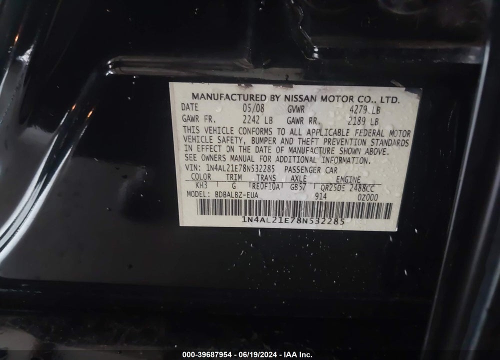 2008 NISSAN ALTIMA 2.5 S VIN: 1N4AL21E78N532285