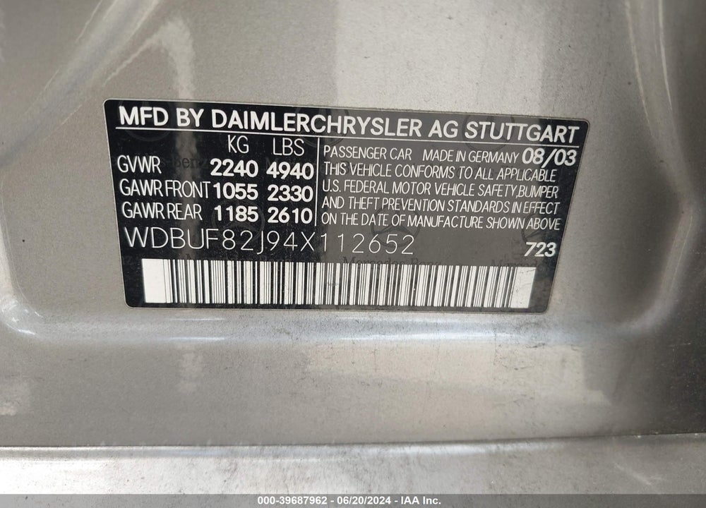 2004 MERCEDES-BENZ E 320 4MATIC VIN: WDBUF82J94X112652
