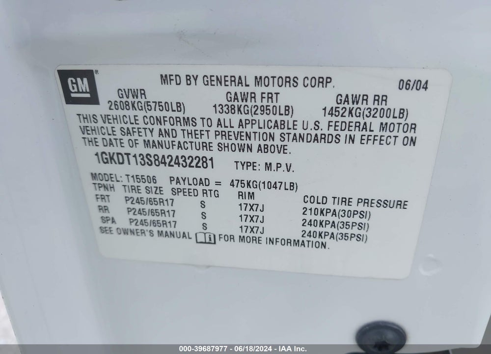 2004 GMC ENVOY SLE VIN: 1GKDT13S842432281