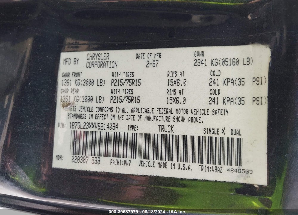 1997 DODGE DAKOTA SLT/SPORT VIN: 1B7GL23XXVS214094