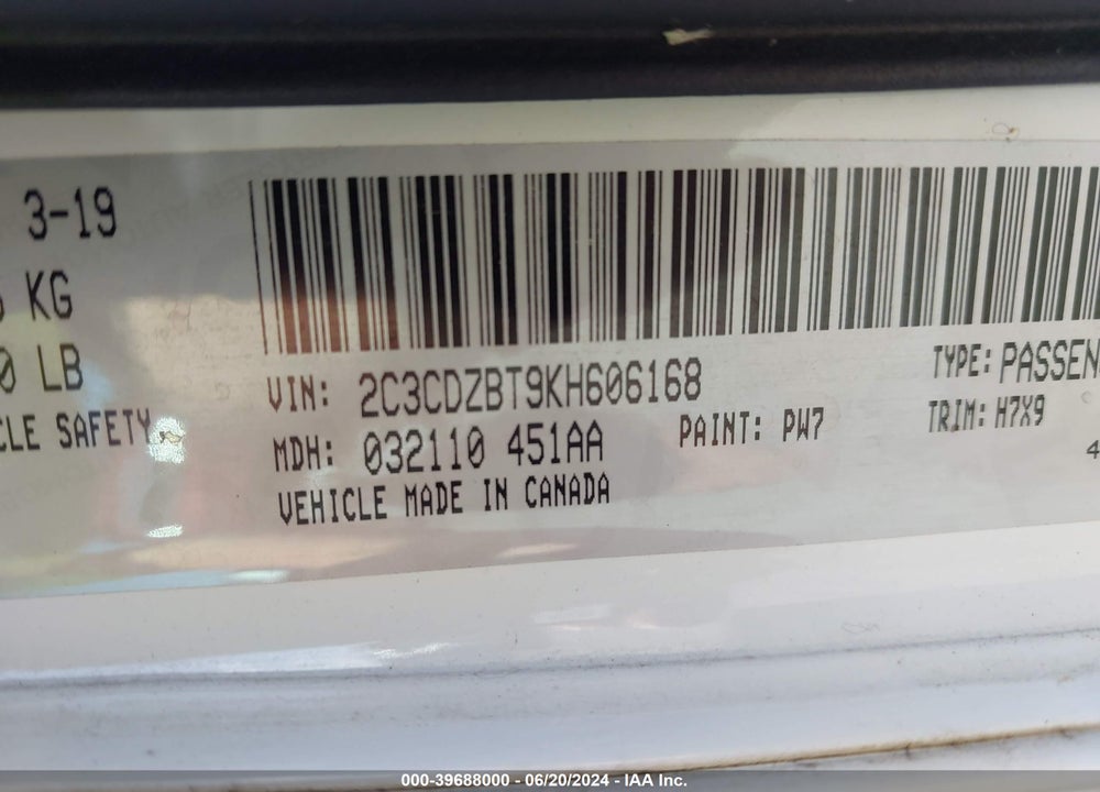 2019 DODGE CHALLENGER R/T VIN: 2C3CDZBT9KH606168