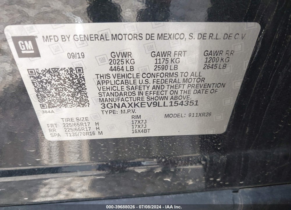 2020 CHEVROLET EQUINOX FWD LT 1.5L TURBO VIN: 3GNAXKEV9LL154351