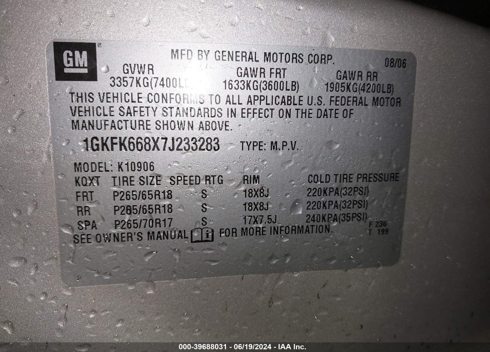 2007 GMC YUKON XL 1500 VIN: 1GKFK668X7J233283