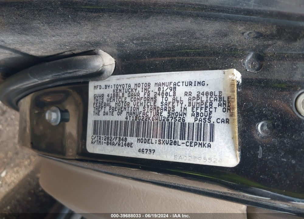 1998 TOYOTA CAMRY LE VIN: 4T1BG22K6WU267526