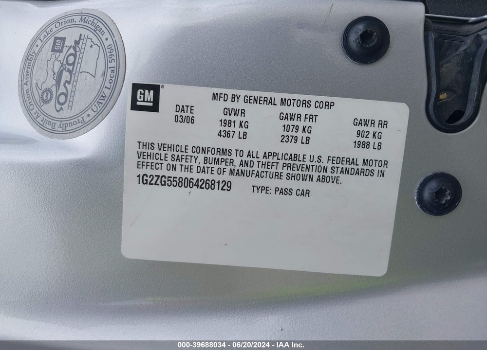 2006 PONTIAC G6 VIN: 1G2ZG558064268129