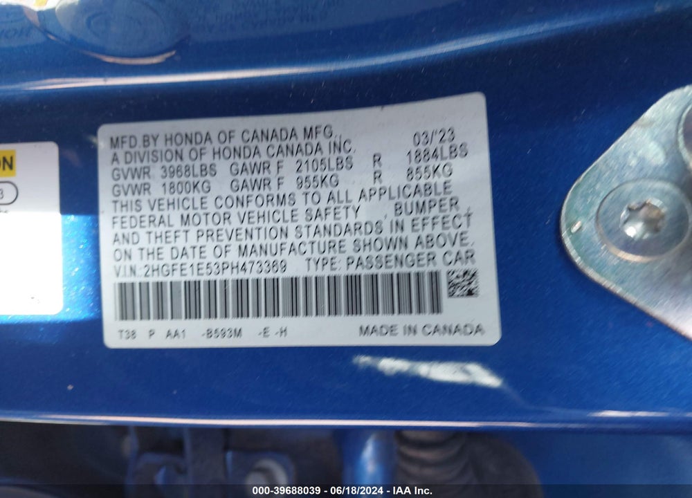 2023 HONDA CIVIC SI SEDAN VIN: 2HGFE1E53PH473369