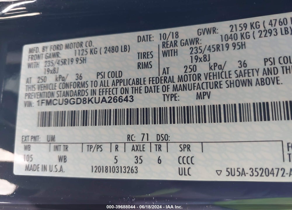 2019 FORD ESCAPE SE VIN: 1FMCU9GD8KUA26643