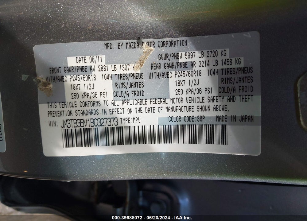 2011 MAZDA CX-9 SPORT VIN: JM3TB3BV1B0327373