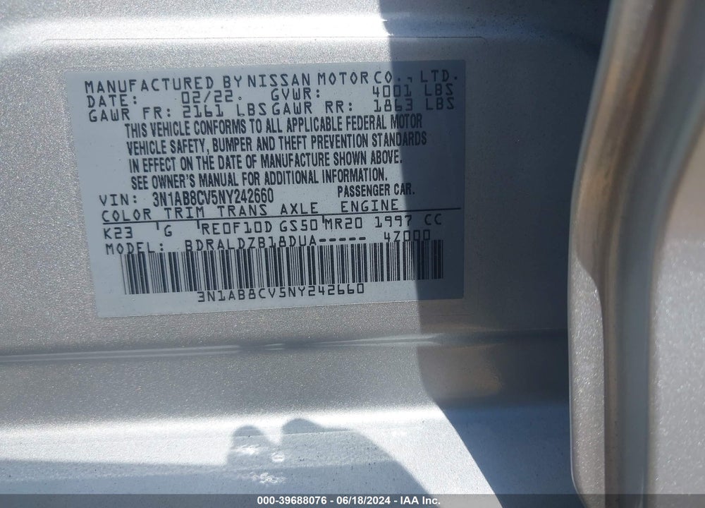 2022 NISSAN SENTRA SV XTRONIC CVT VIN: 3N1AB8CV5NY242660