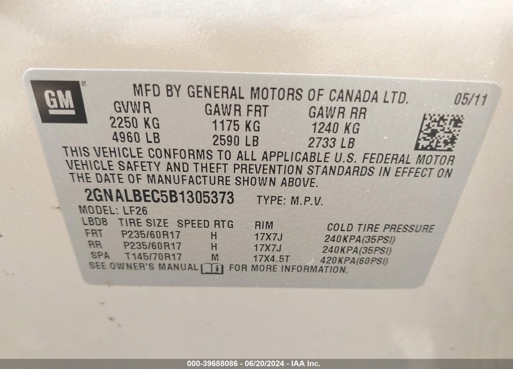 2011 CHEVROLET EQUINOX LS VIN: 2GNALBEC5B1305373