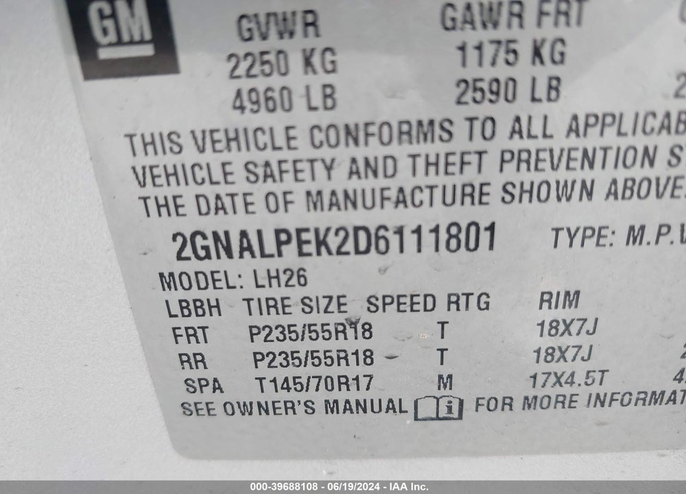 2013 CHEVROLET EQUINOX LT VIN: 2GNALPEK2D6111801