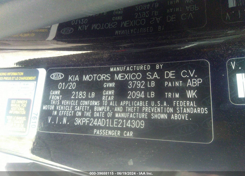 2020 KIA FORTE LXS VIN: 3KPF24AD1LE214309