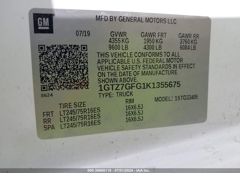 2019 GMC SAVANA 3500 WORK VAN VIN: 1GTZ7GFG1K1355675
