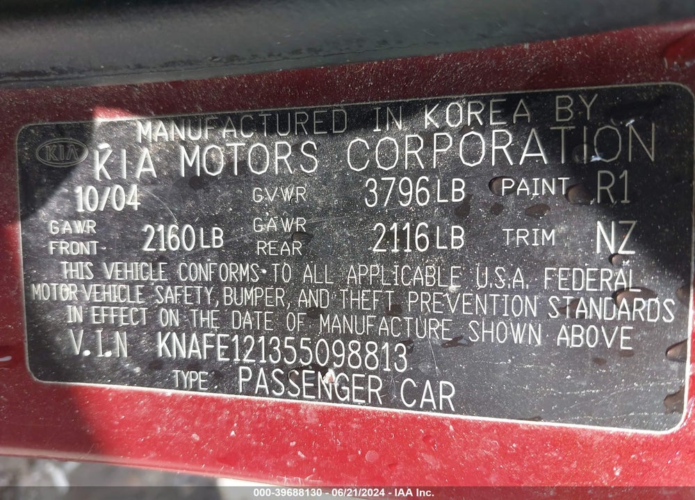 2005 KIA SPECTRA EX/LX/SX VIN: KNAFE121355098813