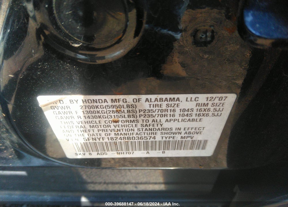 2008 HONDA PILOT VP VIN: 5FNYF18248B036574