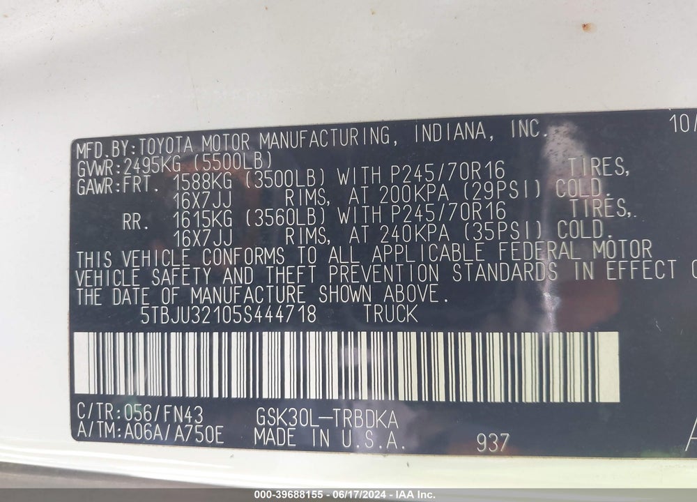 2005 TOYOTA TUNDRA VIN: 5TBJU32105S444718