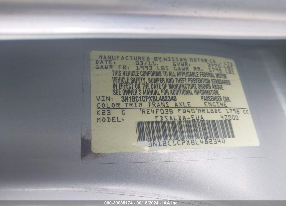 2011 NISSAN VERSA 1.8S VIN: 3N1BC1CPXBL482340