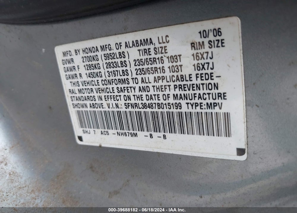 2007 HONDA ODYSSEY EX VIN: 5FNRL38487B015199