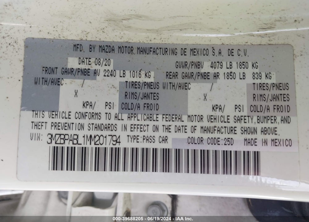 2021 MAZDA 3 SELECT VIN: 3MZBPABL1MM201794